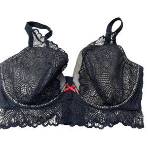 CACIQUE Sexy Lined Plunge Bra Women's Plus Size 38F Black Lace Longline
